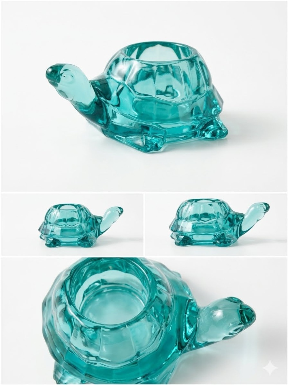 Vintage Indiana Glass Sea Teal Green Turtle Votive Tea Light Candle Holder